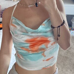 BLUE ORANGER WHITE MULTI COWL TIE CROSS BACK TANK TOP